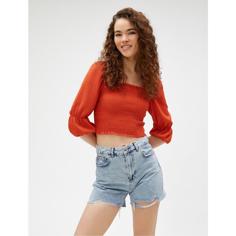 Koton Crop T-Shirt Gippes Square Collar with Balloon Sleeves