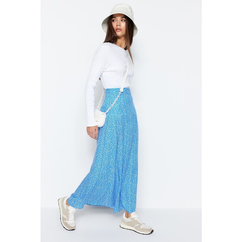Trendyol Blue Floral Printed Viscose Woven Flare Skirt