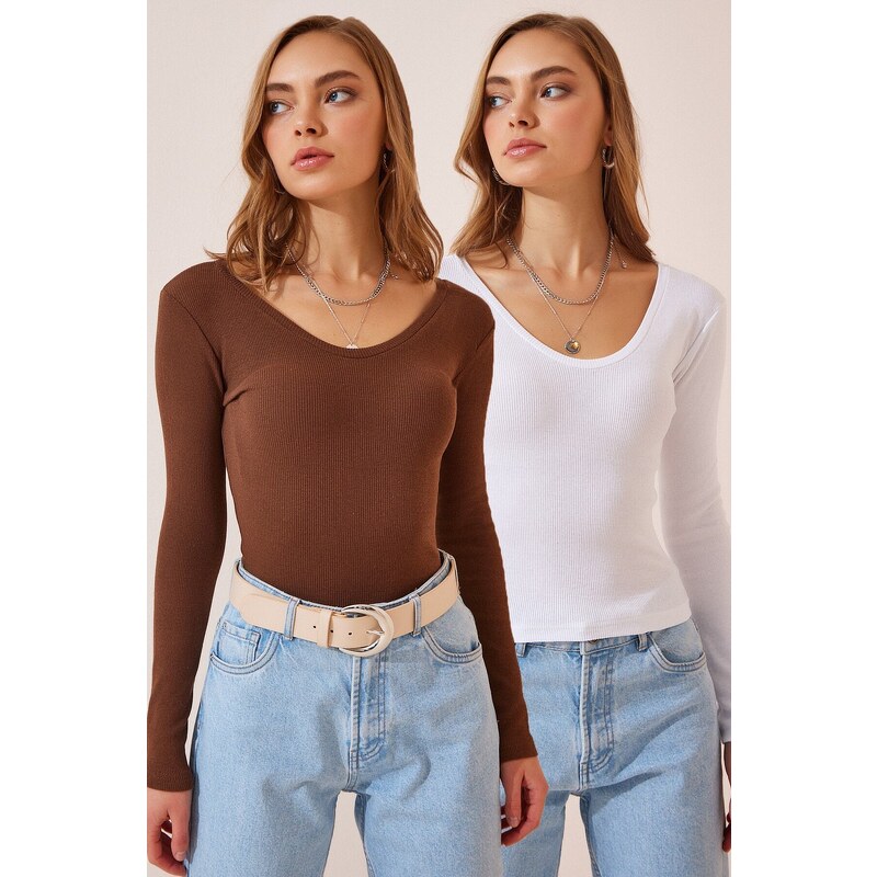 Happiness İstanbul Women's Brown White V Neck 2-Pack Knitted Blouse