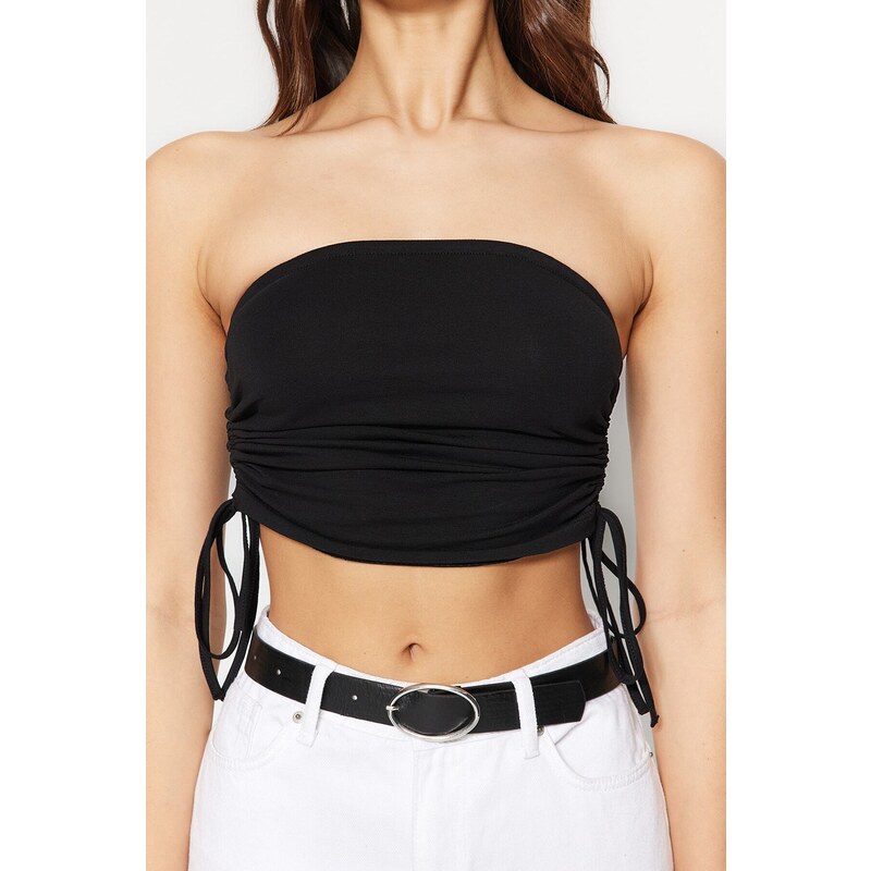 Trendyol Black Cotton Strapless Crop Flexible Knitted Bustier With Shirring Details