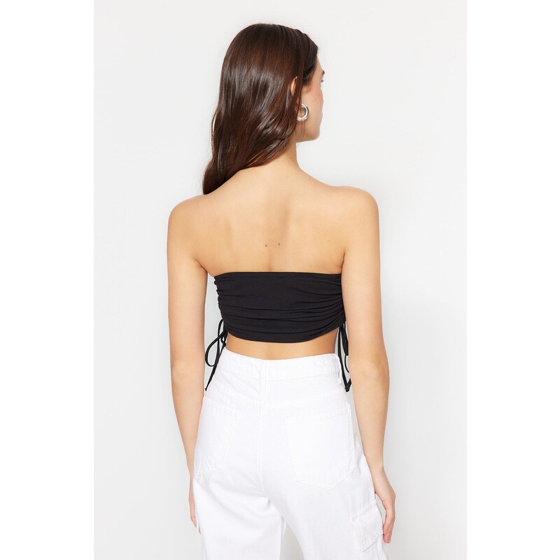 Trendyol Black Cotton Strapless Crop Flexible Knitted Bustier With Shirring Details