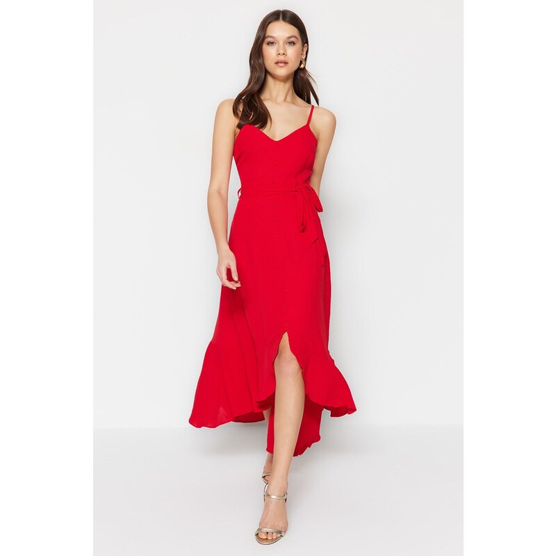 Trendyol Red Belted A-Cut Flounced Button Detailed Woven Maxi Dress