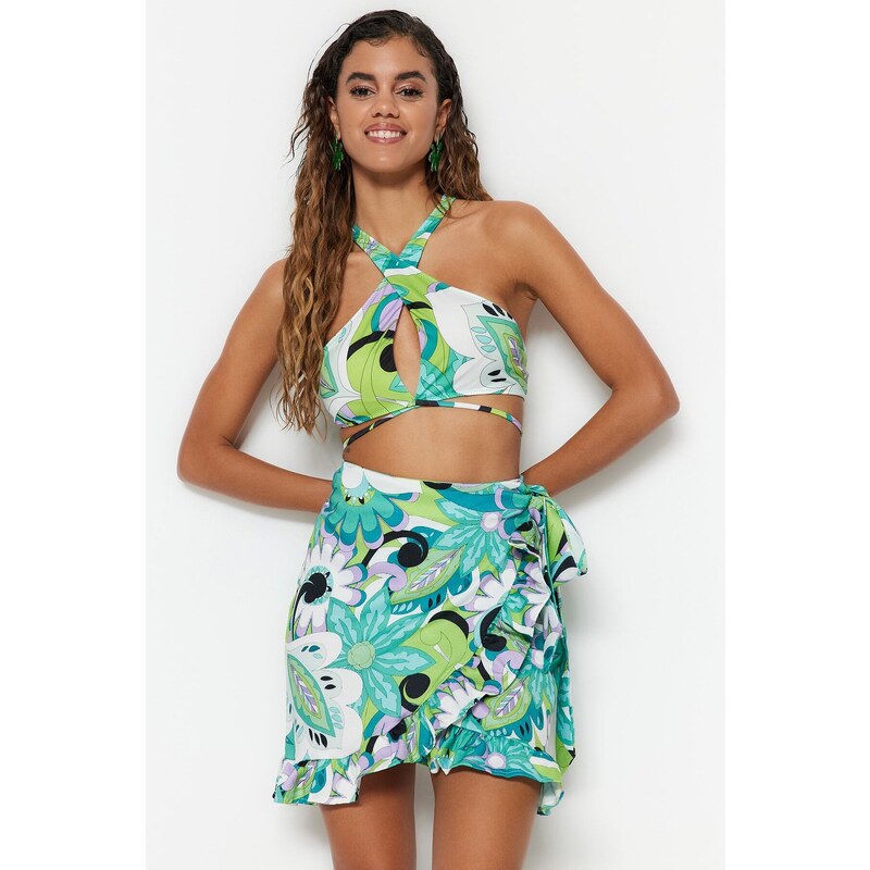 Trendyol Floral Patterned Mini Weave Tie Skirt