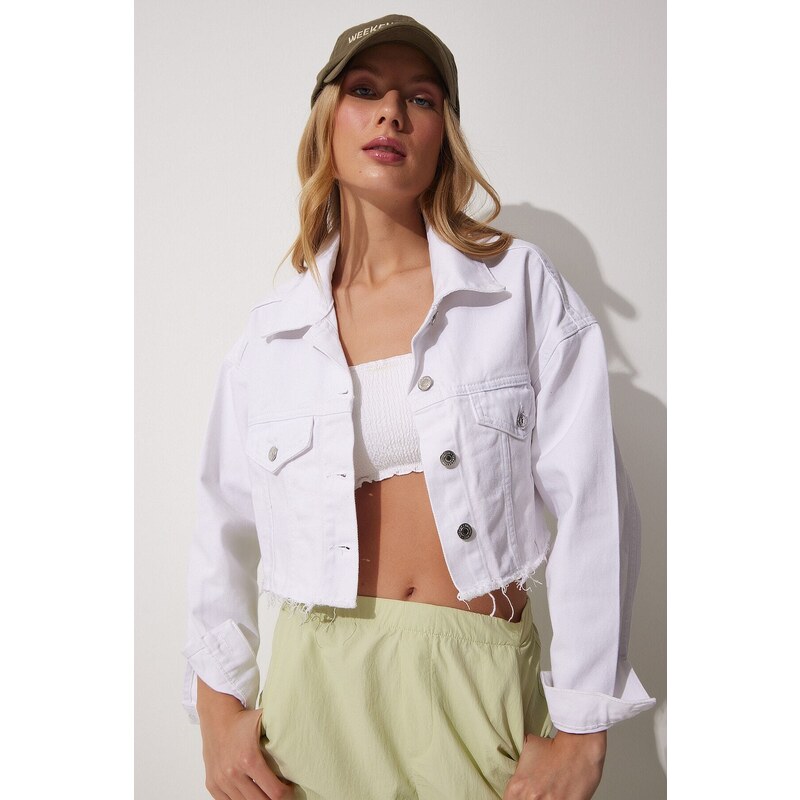 Happiness İstanbul Women's White Tasseled Crop Jean Jacket