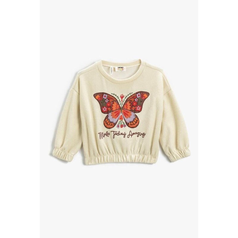 Koton Girls' Embroidered Butterfly Ribbed Round Neck Crop Sweatshirt