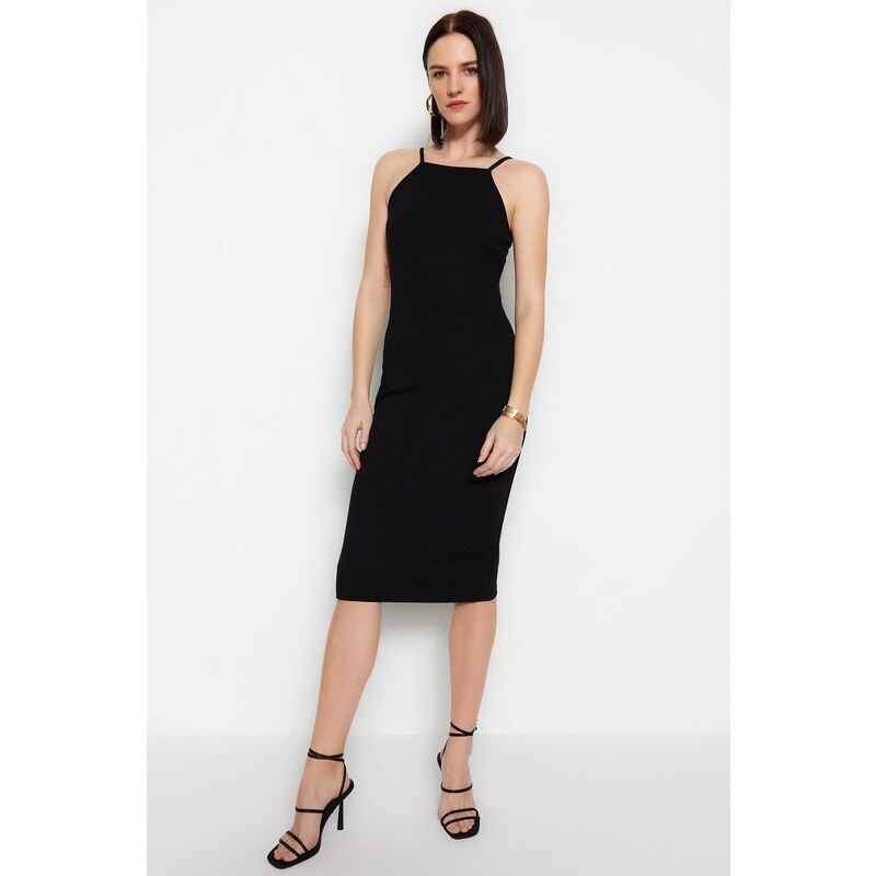 Trendyol Black Halter Neck Fitted Midi Interlock Smart Knitted Dress