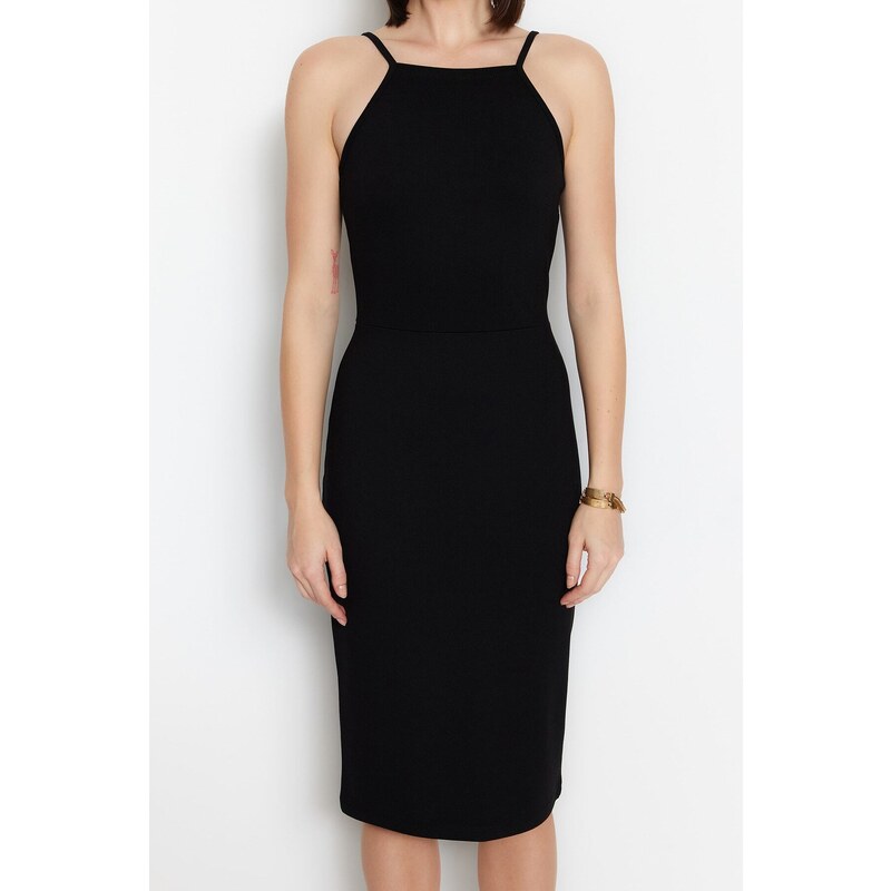 Trendyol Black Halter Neck Fitted Midi Interlock Smart Knitted Dress