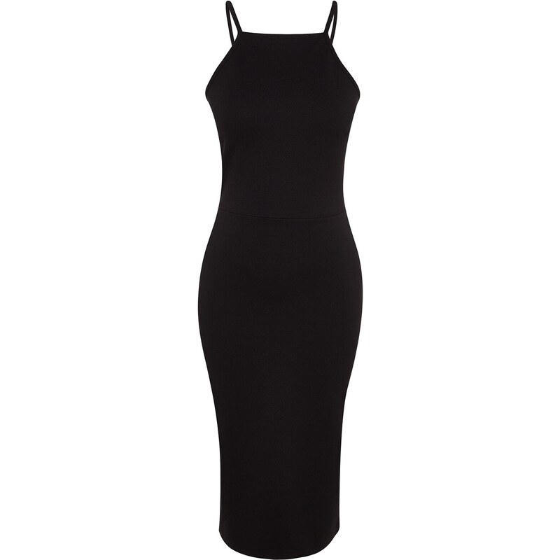 Trendyol Black Halter Neck Fitted Midi Interlock Smart Knitted Dress