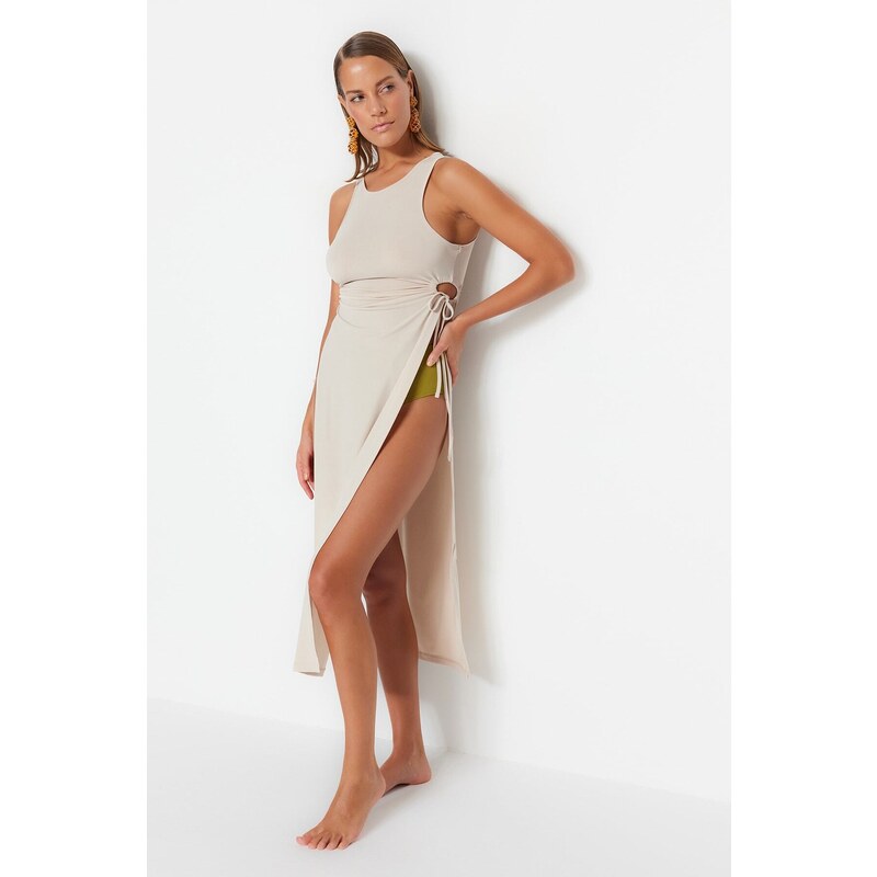Trendyol Beige Fitted Midi Knitted Slit Beach Dress