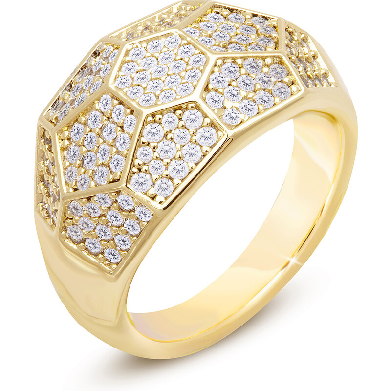 Biju Pozlacený dámský prsten 14k zlatem - masivní, asymetrická ozdoba se zirkony 4000316