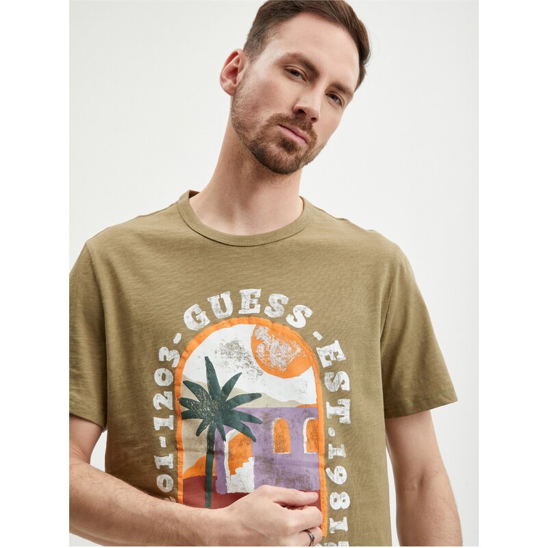 Béžové pánské tričko Guess Palm Window - Pánské