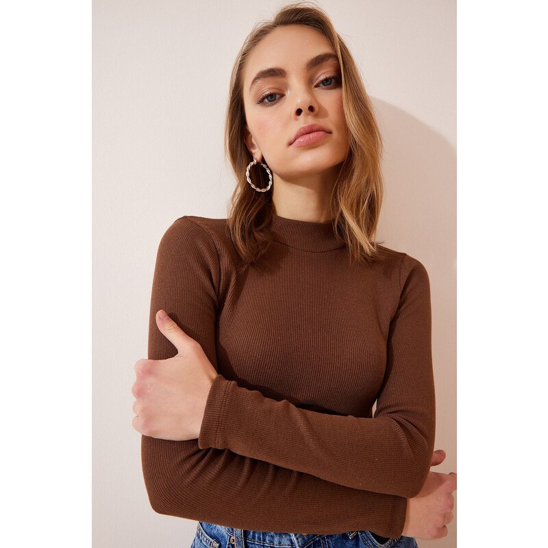 Happiness İstanbul Women's Brown Cream 2-Pack Ribbed Turtleneck Crop Knitted Blouse
