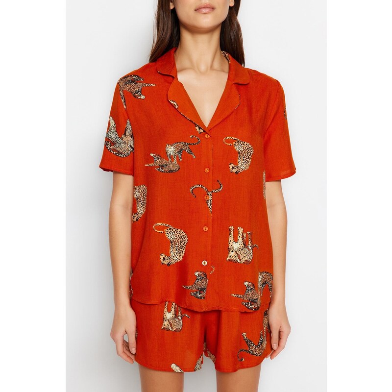 Trendyol Tile Animal Pattern Viscose Shirt-Shorts Weave Pajamas Set
