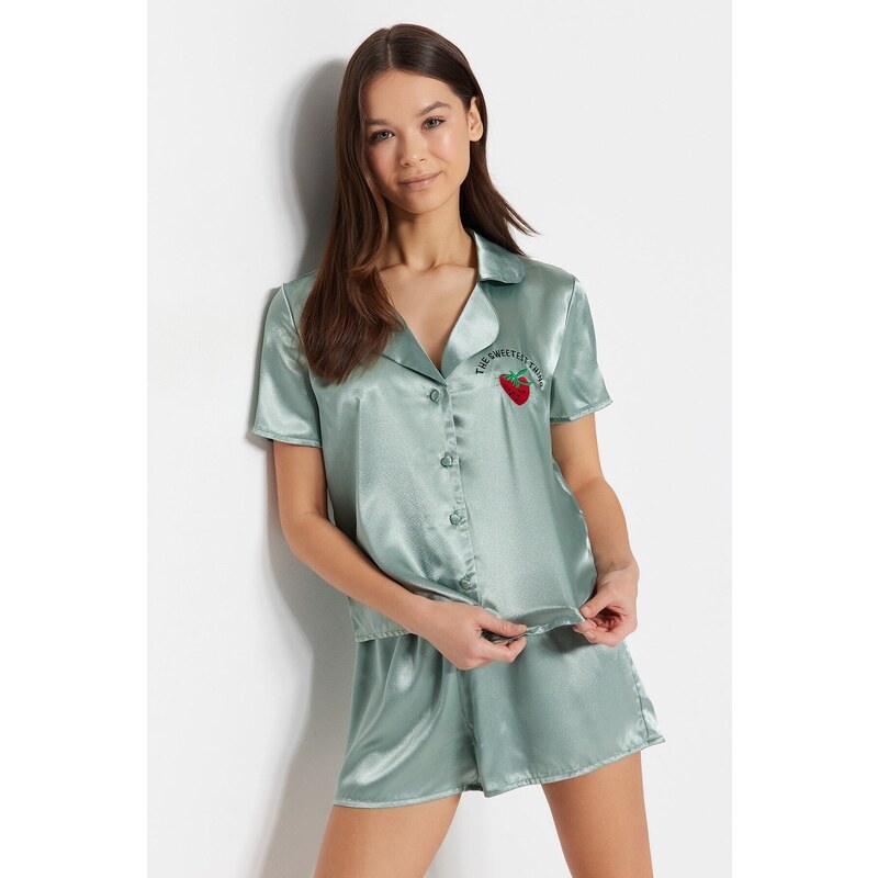 Trendyol Mint Embroidered Satin Shirt-Shorts Woven Pajama Set