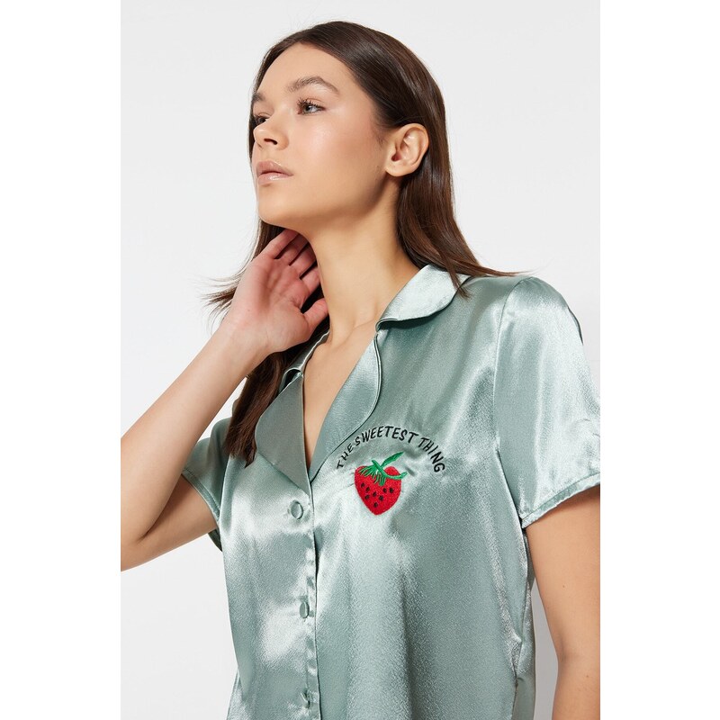 Trendyol Mint Embroidered Satin Shirt-Shorts Woven Pajama Set