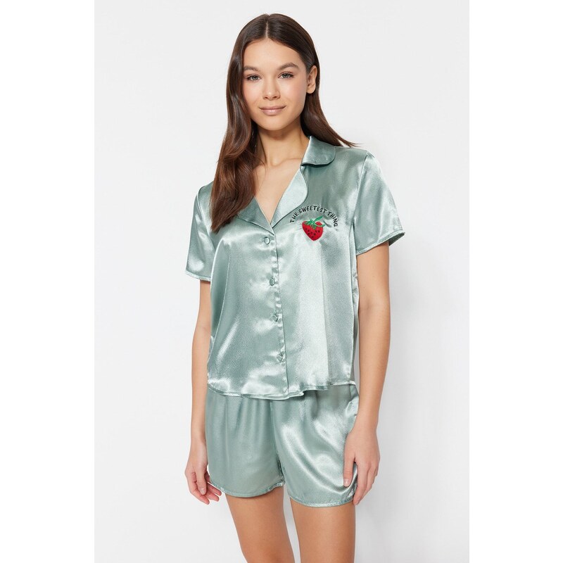 Trendyol Mint Embroidered Satin Shirt-Shorts Woven Pajama Set