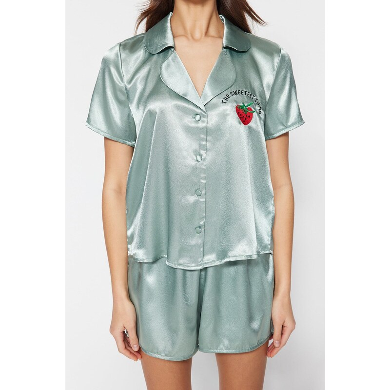 Trendyol Mint Embroidered Satin Shirt-Shorts Woven Pajama Set