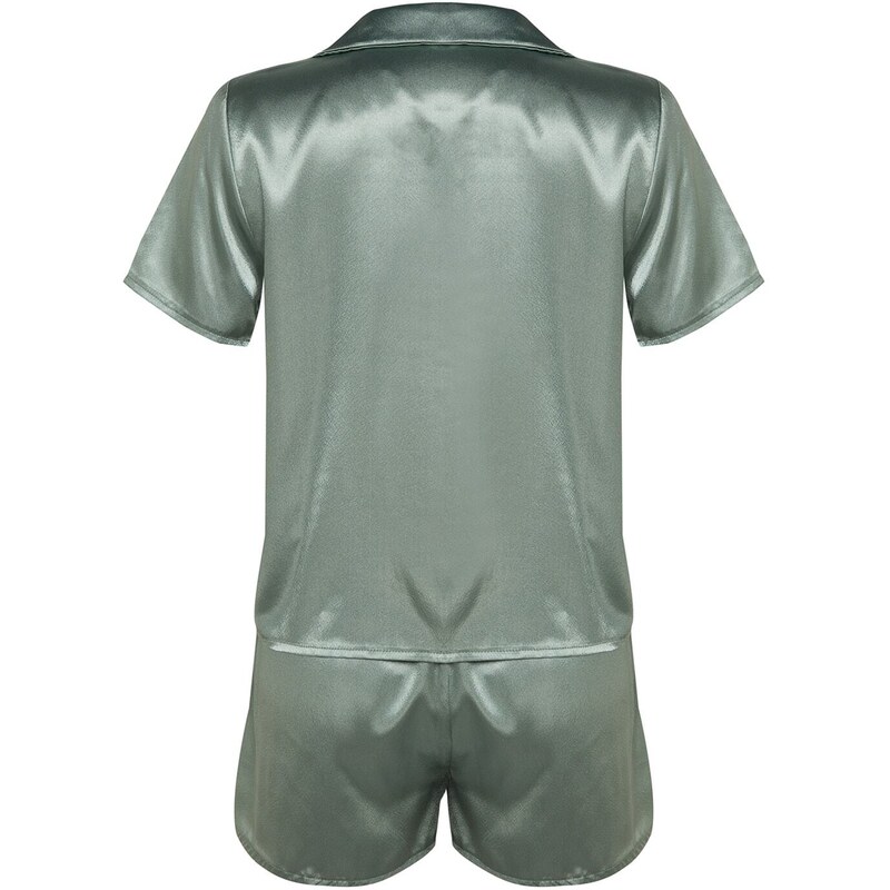 Trendyol Mint Embroidered Satin Shirt-Shorts Woven Pajama Set