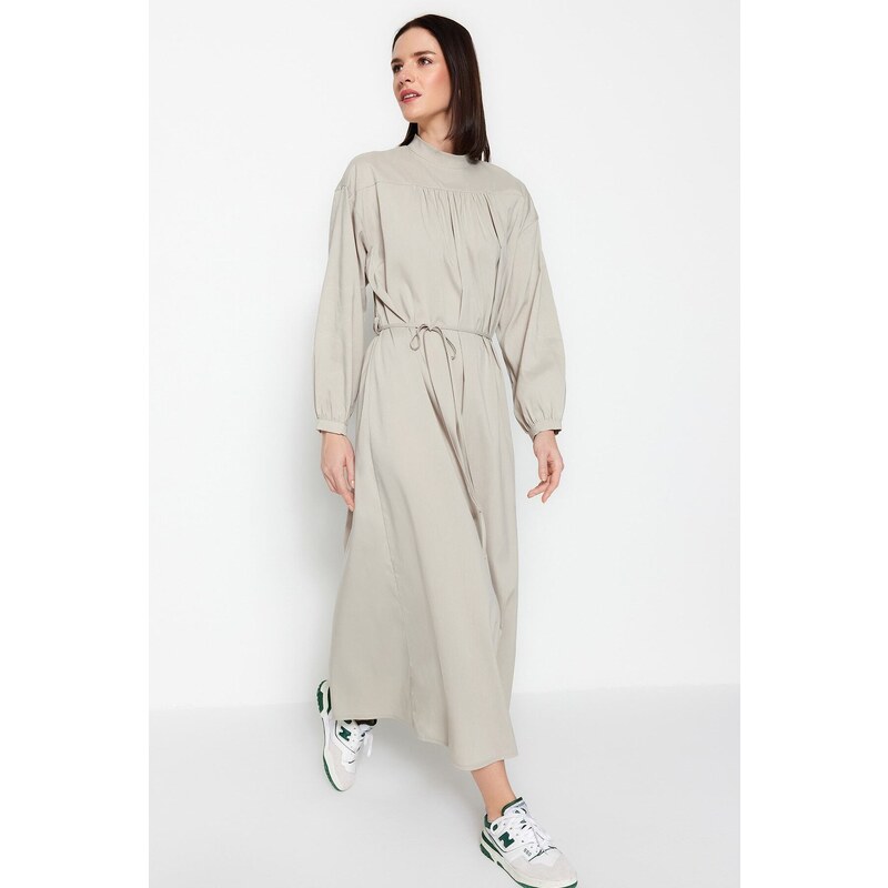 Trendyol Gray Belted Shirring Detail Wide Fit Woven Dress