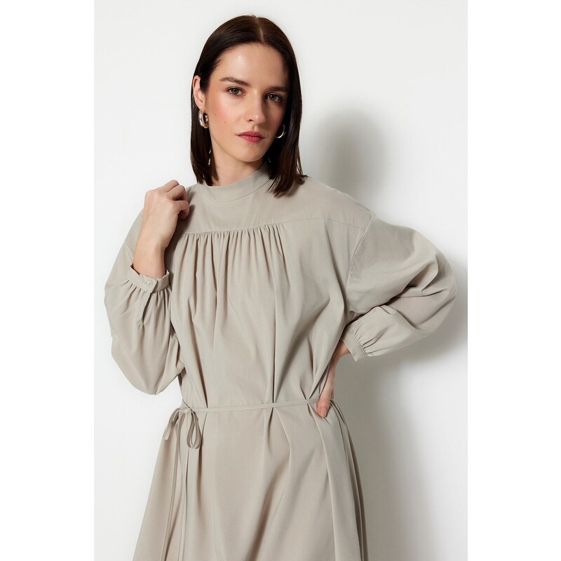 Trendyol Gray Belted Shirring Detail Wide Fit Woven Dress