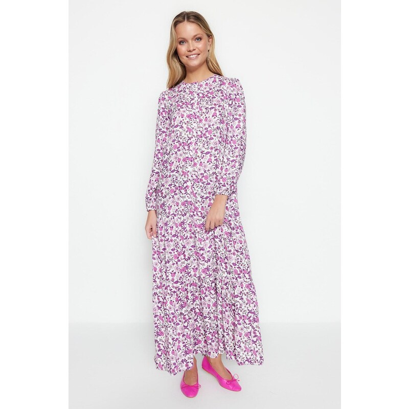 Trendyol Purple Floral Patterned 100% Viscose Woven Dress