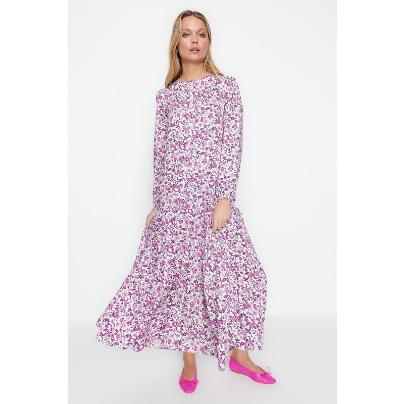 Trendyol Purple Floral Patterned 100% Viscose Woven Dress