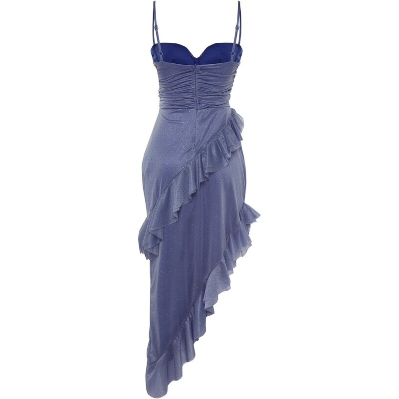 Trendyol modré lemované volánkové tylové elegantní večerní šaty
