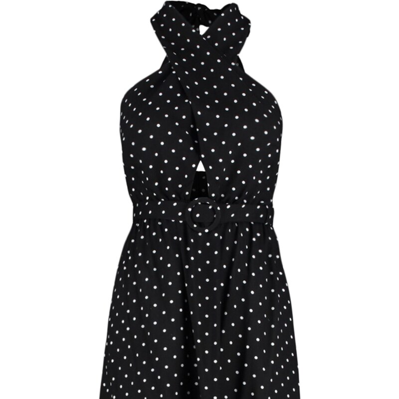 Trendyol Černé Tkané šaty S Ohlávkou Puntíky Trendyol Black Waistted A-Line Maxi Woven Halter Polka Dot