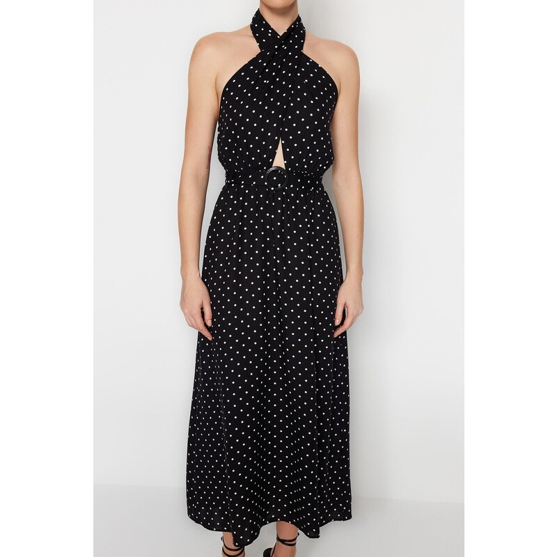 Trendyol Černé Tkané šaty S Ohlávkou Puntíky Trendyol Black Waistted A-Line Maxi Woven Halter Polka Dot