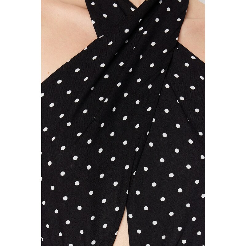 Trendyol Černé Tkané šaty S Ohlávkou Puntíky Trendyol Black Waistted A-Line Maxi Woven Halter Polka Dot