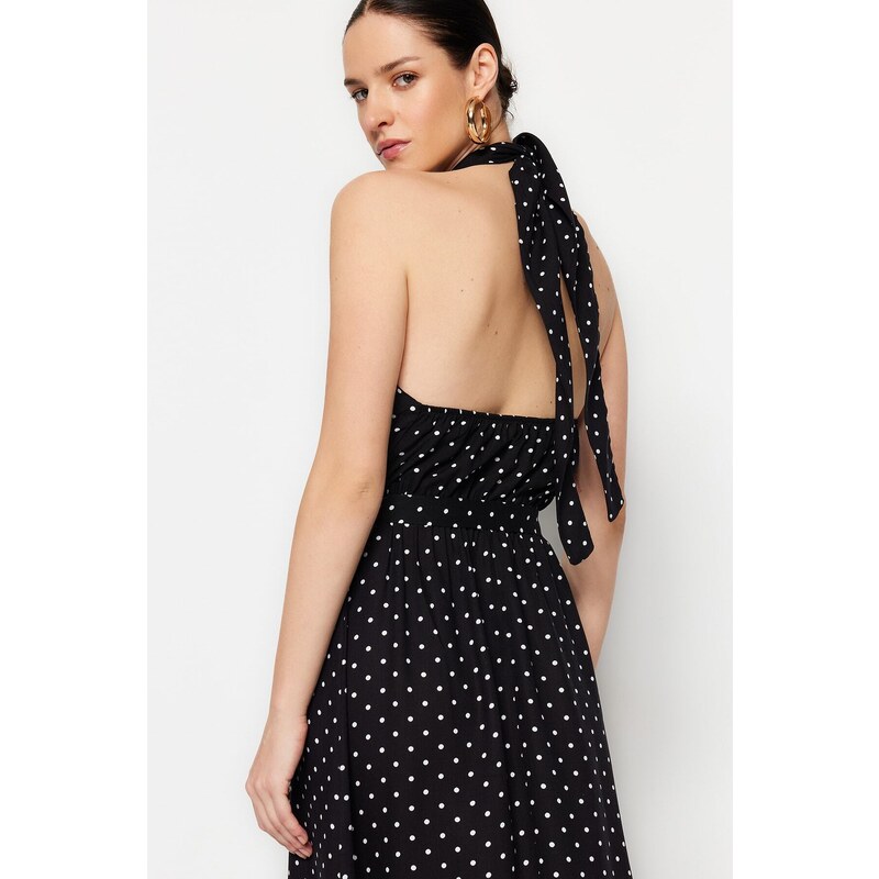 Trendyol Černé Tkané šaty S Ohlávkou Puntíky Trendyol Black Waistted A-Line Maxi Woven Halter Polka Dot