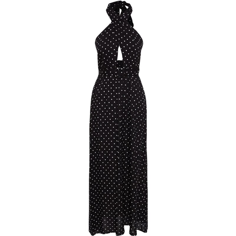 Trendyol Černé Tkané šaty S Ohlávkou Puntíky Trendyol Black Waistted A-Line Maxi Woven Halter Polka Dot