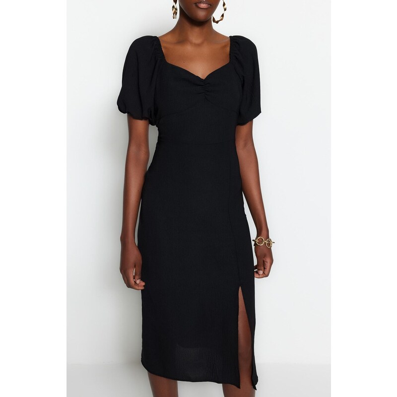 Trendyol Black Fitted Midi Woven Woven Dress with Slit Back Detail