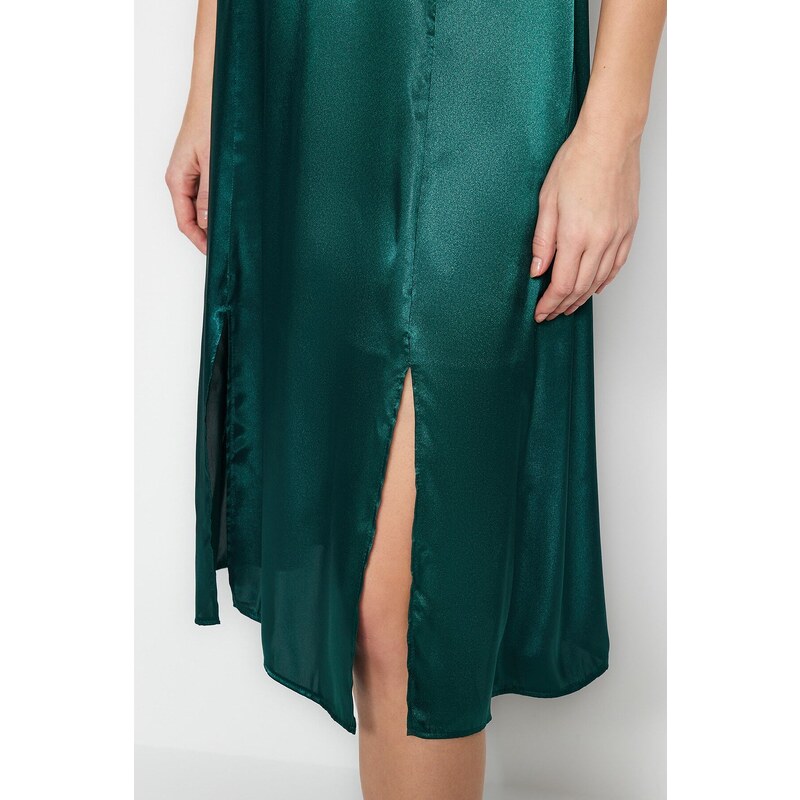 Trendyol zelené Plain Fit Midi tkané saténové V-výstřih s rozparkem tkané šaty