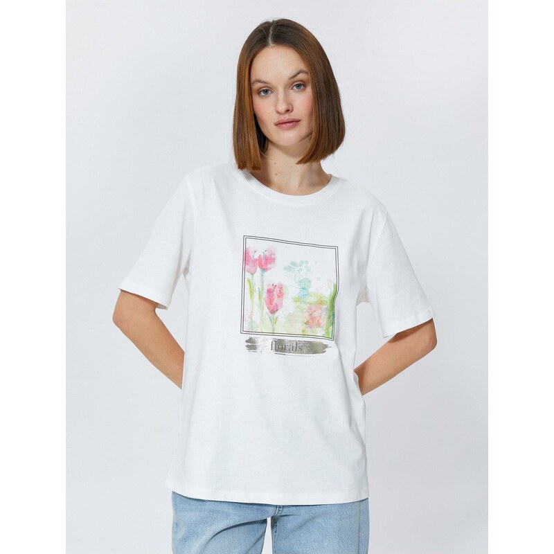 Koton Relax Fit T-Shirt with Floral Print Cotton