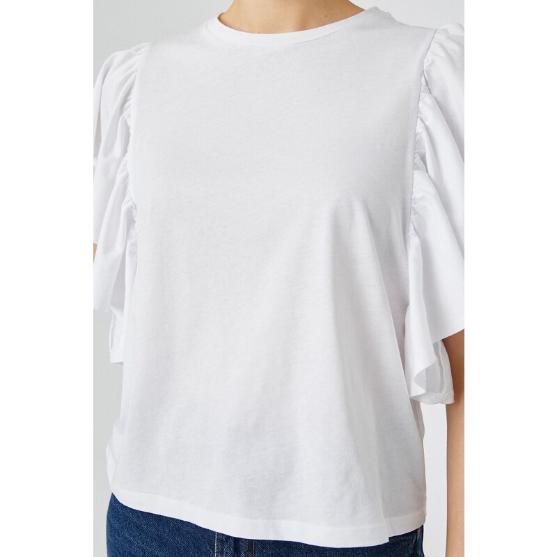 Koton Ruffled Sleeves T-shirt Crew Neck Cotton