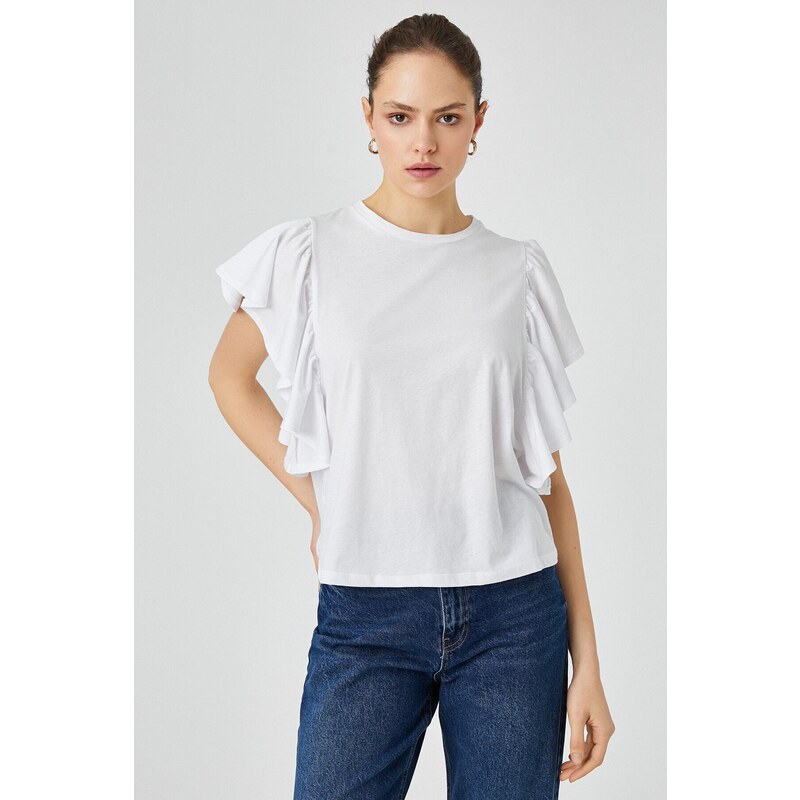 Koton Ruffled Sleeves T-shirt Crew Neck Cotton