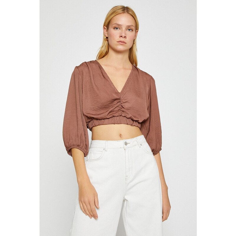 Koton Satin-Look Crop Top V-Neck Balloon Sleeves