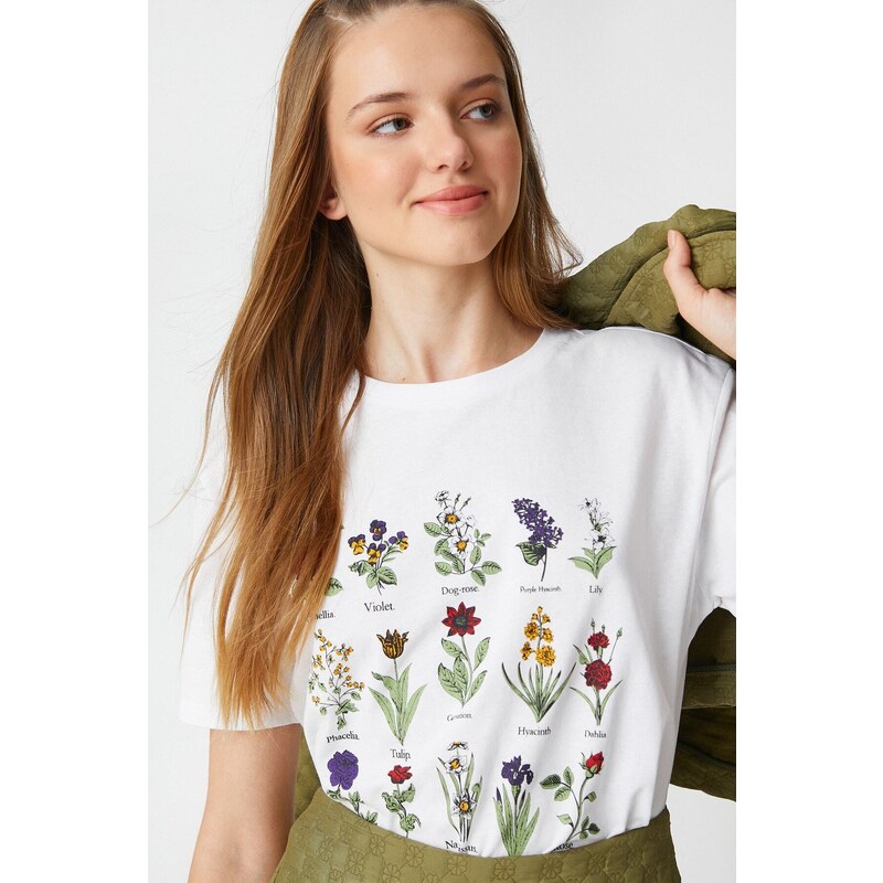 Koton Floral Printed T-Shirt Crew Neck Short Sleeved