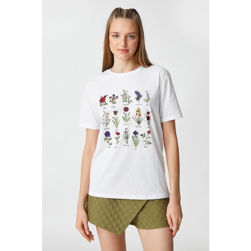 Koton Floral Printed T-Shirt Crew Neck Short Sleeved