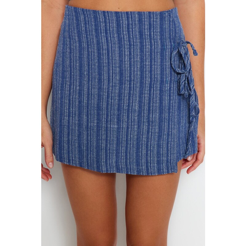 Trendyol Blue Woven Tie Linen Blend Short Skirt