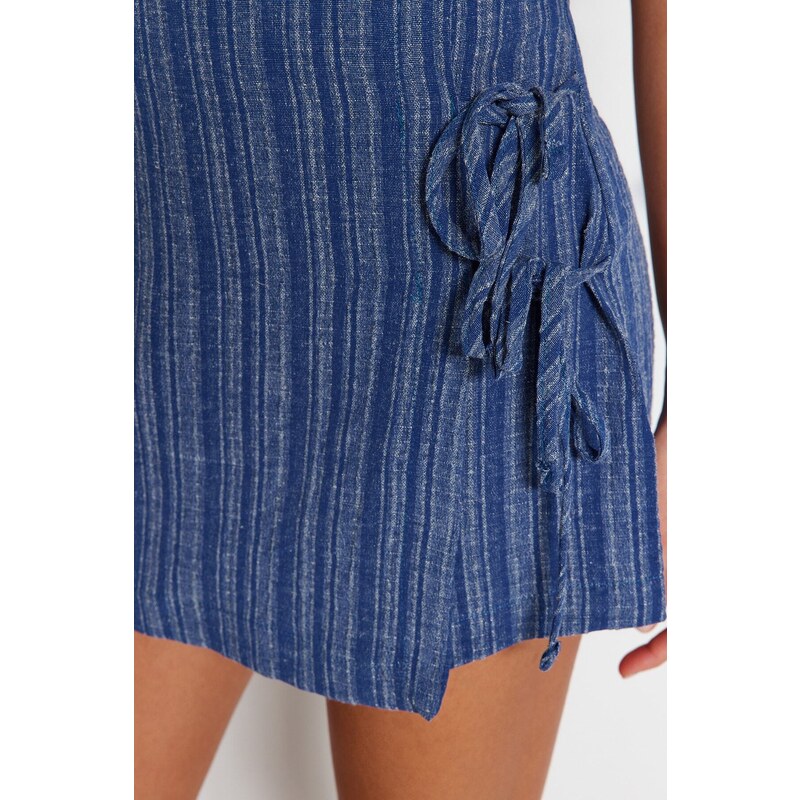 Trendyol Blue Woven Tie Linen Blend Short Skirt