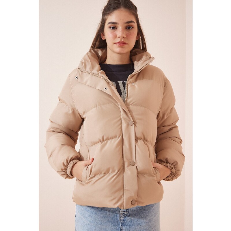 Happiness İstanbul Women's Beige Turtleneck Puffy Coat