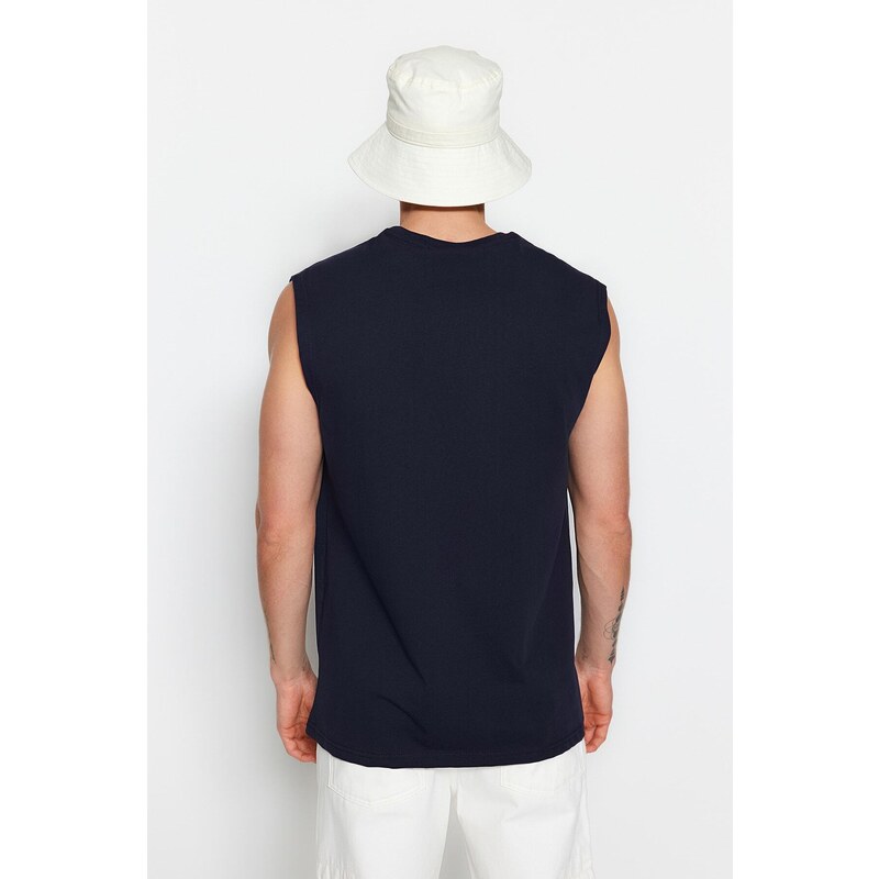 Trendyol Navy Blue Relaxed/Comfortable Cut City Printed 100% Cotton Sleeveless T-Shirt/Tank Top