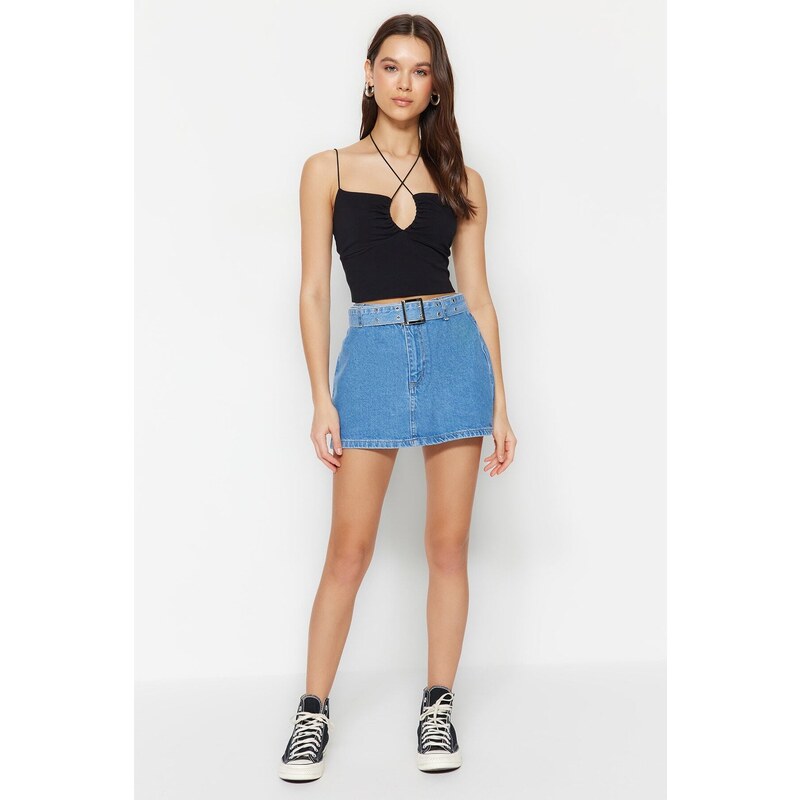 Trendyol Blue Belt Mini Denim Skirt