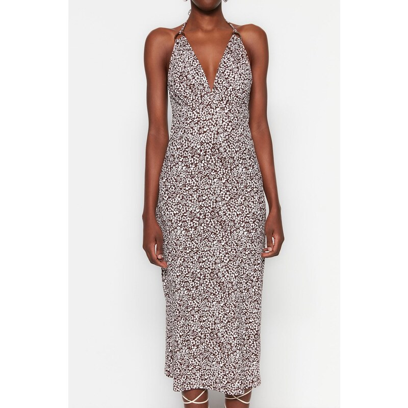 Trendyol Brown Floral Pattern Halter Neck Accessory Detailed A-Line Maxi Knitted Dress