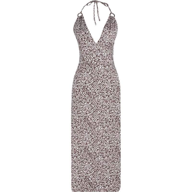 Trendyol Brown Floral Pattern Halter Neck Accessory Detailed A-Line Maxi Knitted Dress