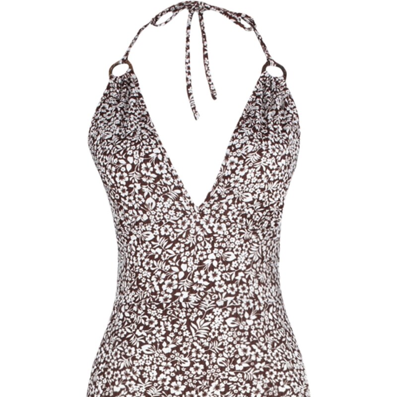 Trendyol Brown Floral Pattern Halter Neck Accessory Detailed A-Line Maxi Knitted Dress