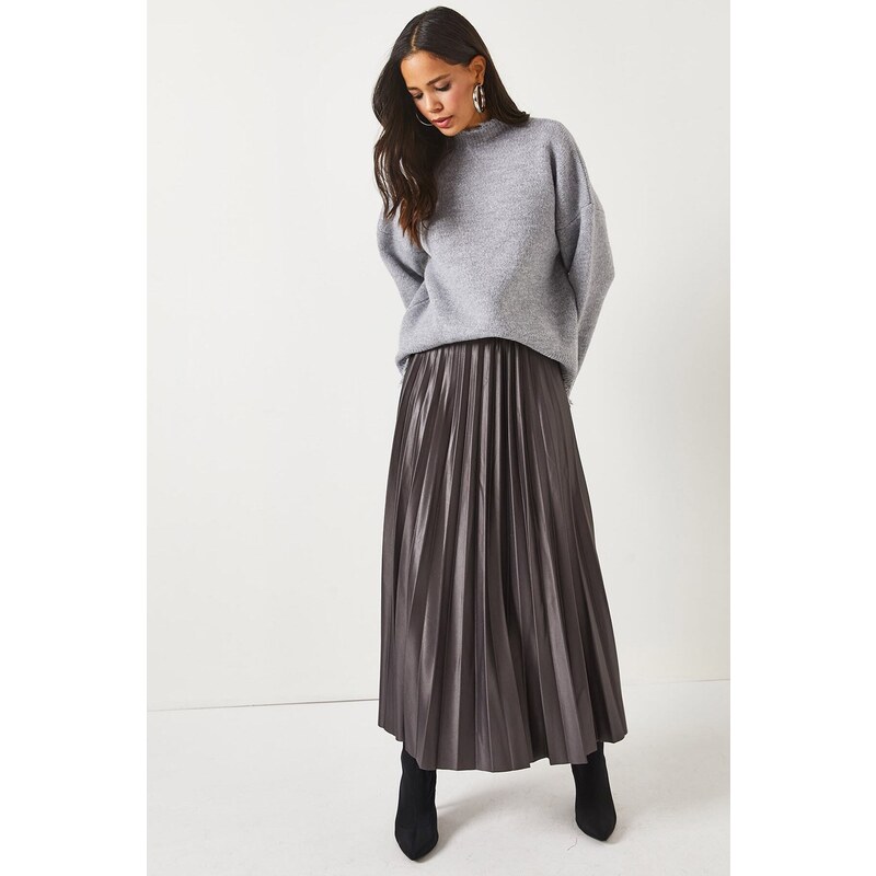 Olalook Anthracite Leather Look Pleat A-Line Skirt