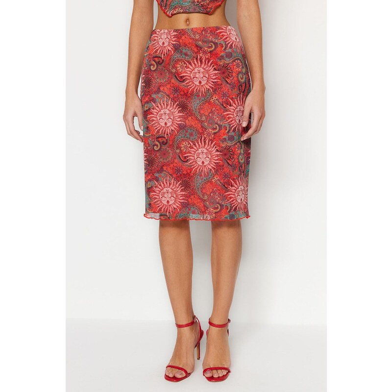 Trendyol Premium Orange Printed Tulle High Waist Lined Midi Knitted Skirt